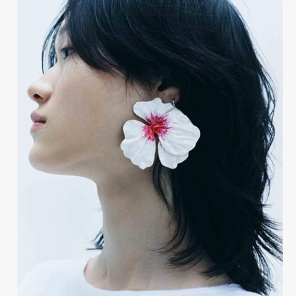 Anthropologie Big White and Red Flower Earrings